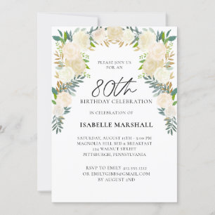 80th Birthday White Roses Floral Script Party Invitation
