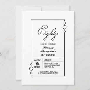 80th Birthday White with Black Frame Party Invitation
