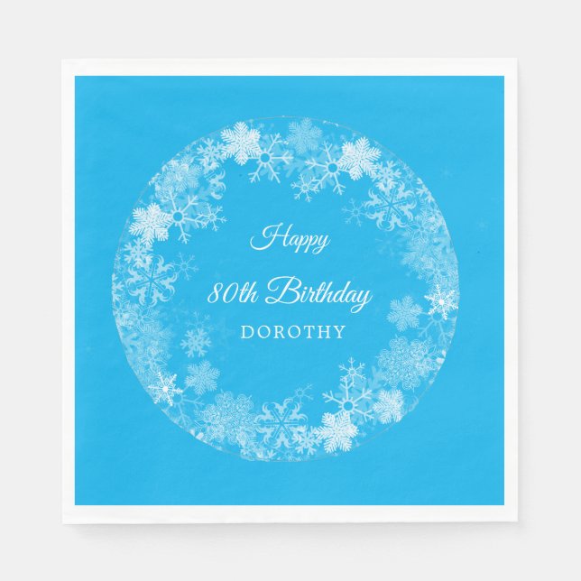 80th Birthday Winter Wonderland Snowflake Blue Napkin (Front)