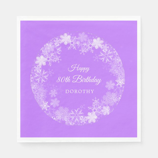 80th Birthday Winter Wonderland Snowflake Purple Napkin (Front)