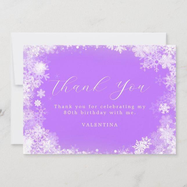 80th Birthday Winter Wonderland Snowflake Purple Thank You Card (Front)