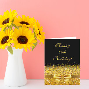 80th birthday with gold bow on chic black card