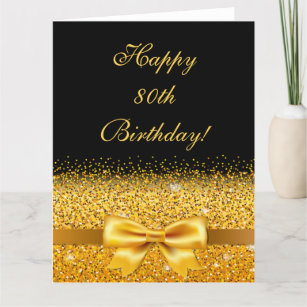 80th birthday with gold bow on chic black card