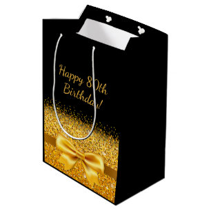 80th birthday with gold bow on chic black medium gift bag