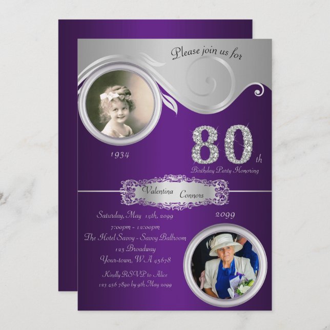 80th,Birthday Woman 80th,elegant art deco,purple Invitation (Front/Back)