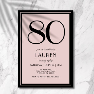 80th Birthday Women's Modern Minimal Black Pink Invitation