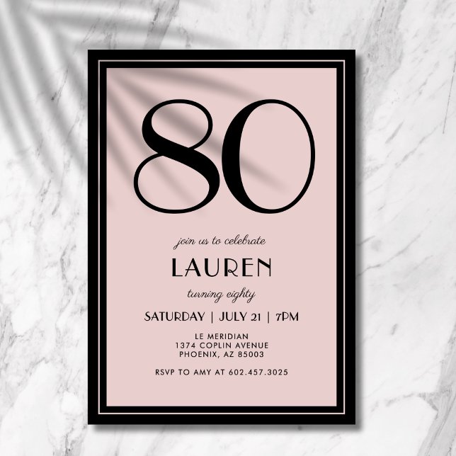 80th Birthday Women's Modern Minimal Black Pink Invitation (A chic black and pink invitation that blends modern minimal design with elegance.)