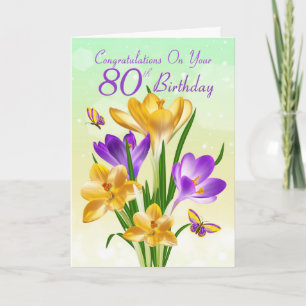 80th Birthday Yellow And Purple Crocus Card