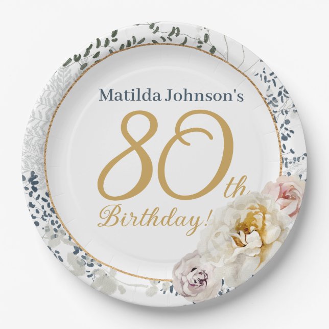 80th Birthday Yellow Floral Elegant Custom Photo Paper Plate (Front)