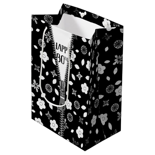 80th Birthday Zipper On Flowers   Medium Gift Bag (Front Angled)