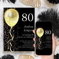 80th | Black & Gold Glitter Balloon Birthday 