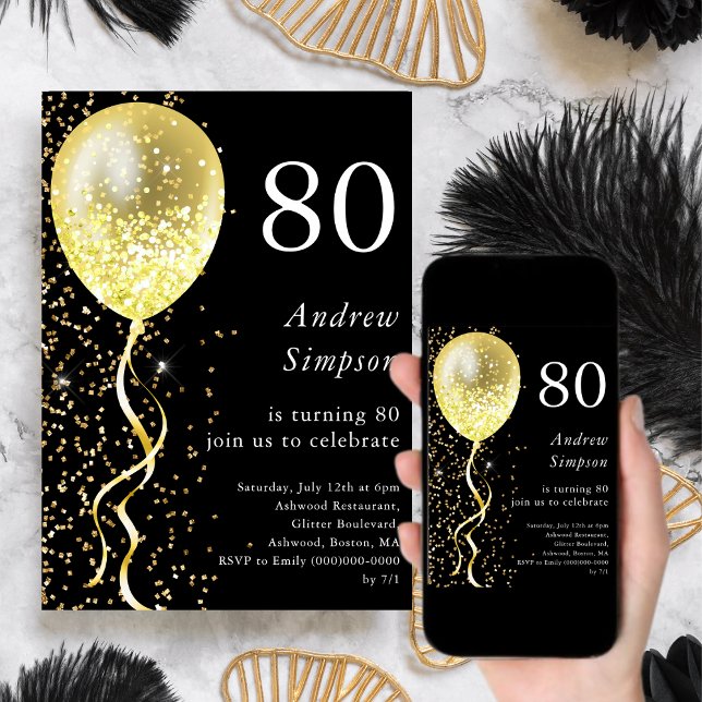 80th | Black & Gold Glitter Balloon Birthday  Invitation (Creator Uploaded)