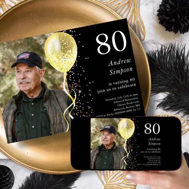 80th | Black & Gold Glitter Photo Birthday  Invitation (Creator Uploaded)