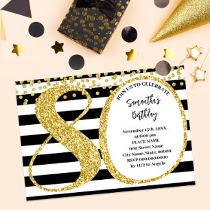80th Black White and Gold Glitter Modern Birthday Invitation