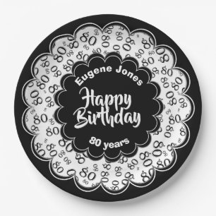 80th Black/White Random Number Pattern Paper Plate