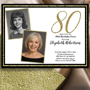 80th Custom 2 Photo White Black and Gold Invitation