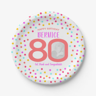 80th custom photo colourful coral confetti birthda paper plate