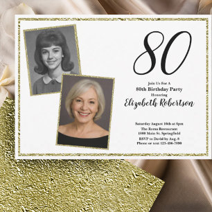 80th Custom Photo White and Gold  Invitation