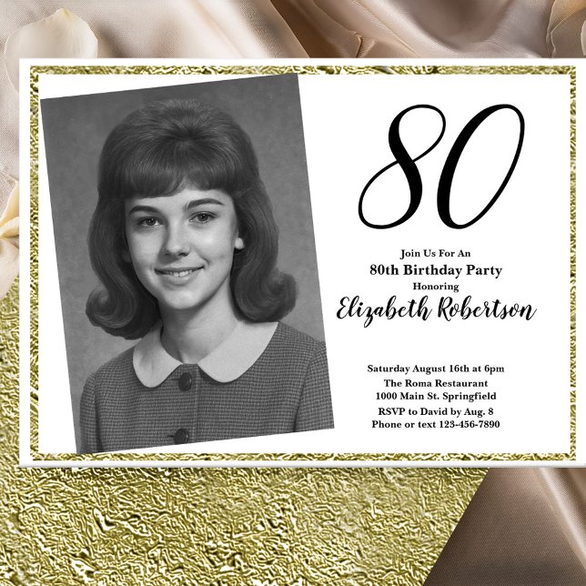 80th Custom Photo White and Gold  Invitation (Creator Uploaded)