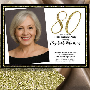 80th Custom Photo White Black and Gold Invitation