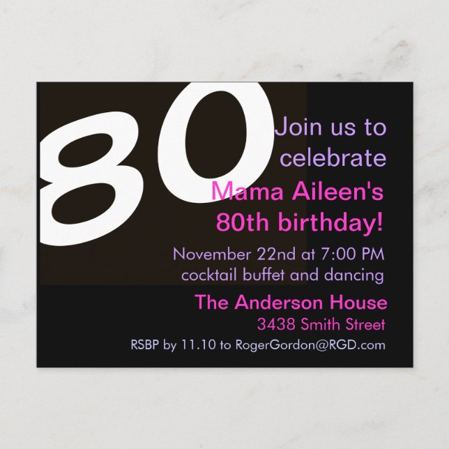 80th Eightieth Birthday Party Postcard Invitation (Front)