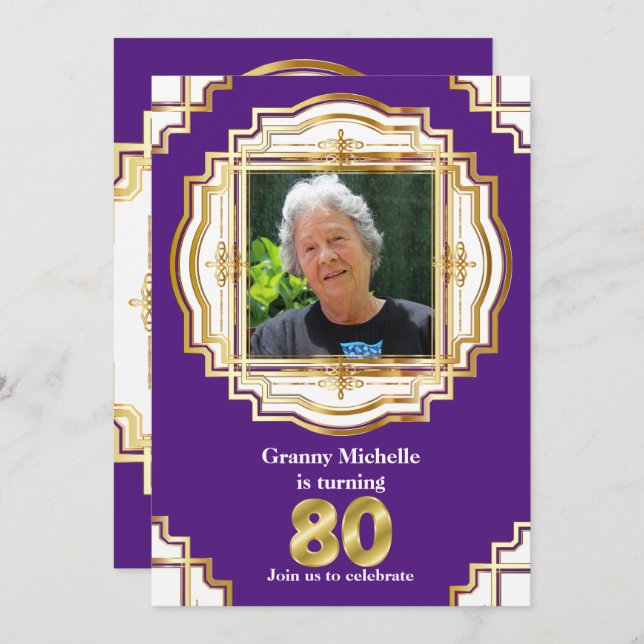 80th elegant gold purple white photo frame eighty invitation (Front/Back)