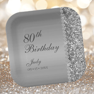 80th Elegant Silver Birthday Paper Plate