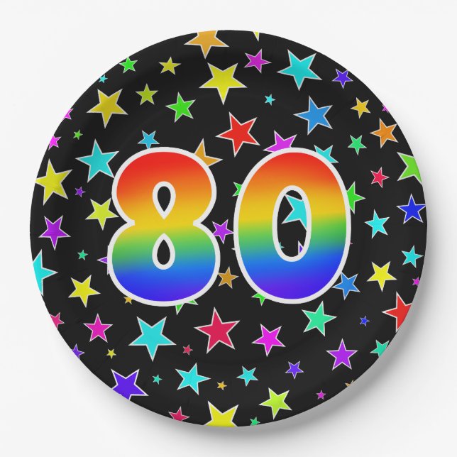 80th Event: Bold, Fun, Colourful Rainbow 80 Paper Plate (Front)