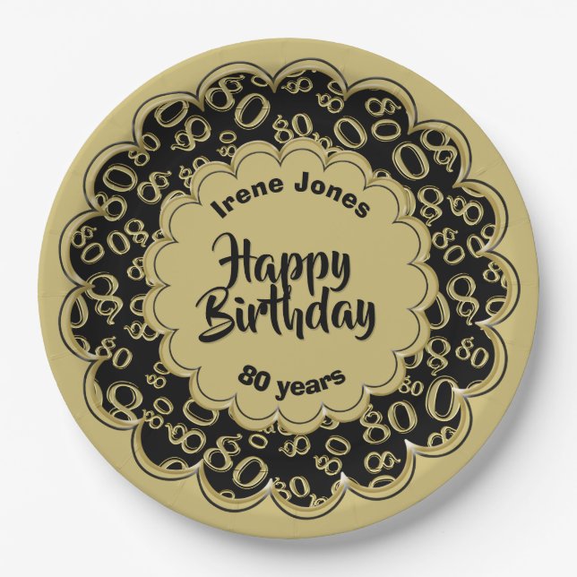 80th Gold/Black Random Number Pattern Paper Plate (Front)
