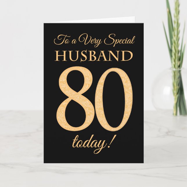 80th Gold-effect on Black, for Husband Birthday Card (Front)