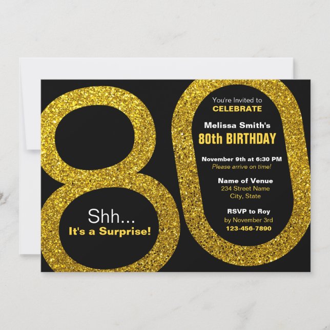 80th Gold Glitter Birthday Invitations (Front)