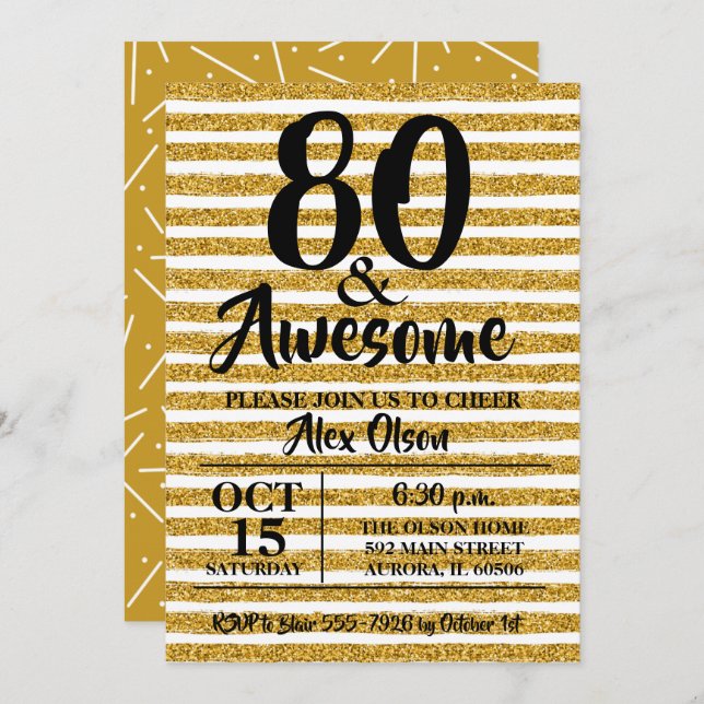 80th Gold Glitter Birthday Party Invitations (Front/Back)