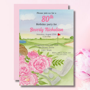 80th Golf Birthday Party Peonies On Golf Course Invitation