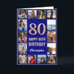 80th Happy Birthday Navy Blue & Gold Photo Collage Card<br><div class="desc">80th Happy Birthday Navy Blue and Gold Photo Collage Birthday Card. For further customisation,  please click the "Customise it" button and use our design tool to modify this template.</div>