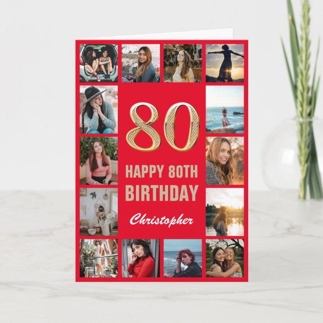 80th Happy Birthday Red and Gold Photo Collage Card (Front)