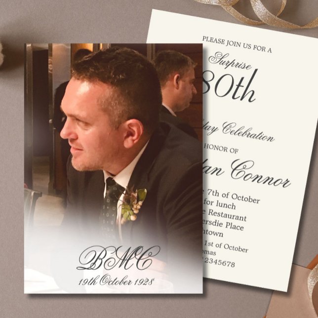 80th Male Birthday Simple Elegant Personal Photo Invitation (Creator Uploaded)