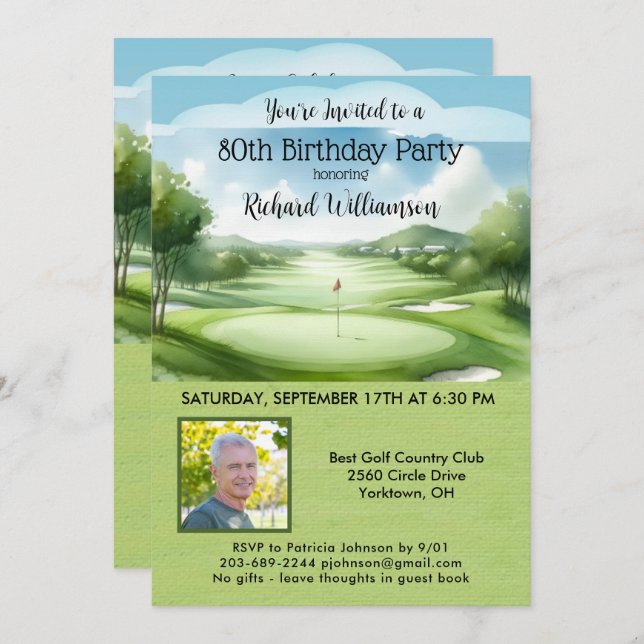 80th Men's Birthday Party Photo Golf  Invitation (Front/Back)