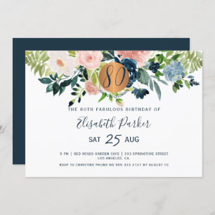 80th Modern navy flowers watercolor birthday party Invitation