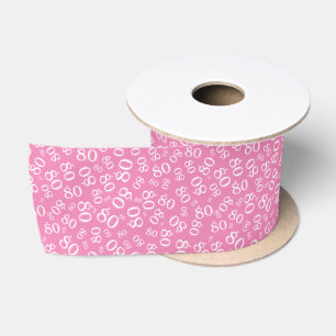 80th Modern Random Number Pattern Pink/White Satin Ribbon