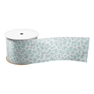 80th Modern Random Number Pattern Teal/White Satin Ribbon