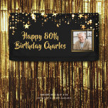 80th or Any Birthday Photo Gold Stars Custom Colou Banner<br><div class="desc">Celebrate any age birthday (shown for an 80th birthday) for him or her with this personalised banner sign in a customisable colour (shown in black) with gold stars, a photo and your custom text (the sample font shown is a hand lettered brush script that you can change as desired). CHANGES:...</div>