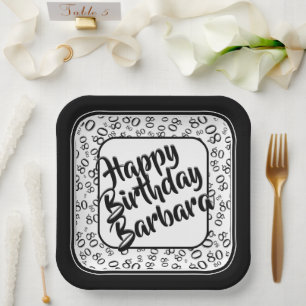 80th Party Random Number Pattern Black/White Paper Plate