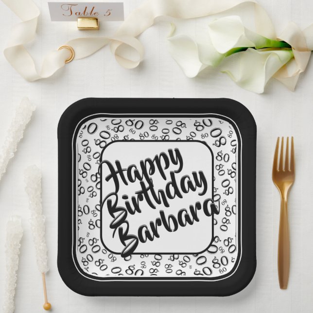 80th Party Random Number Pattern Black/White Paper Plate (Wedding)