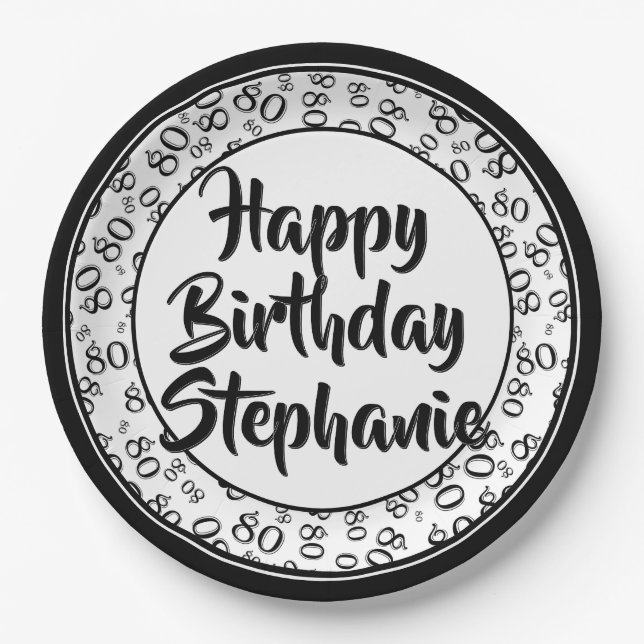 80th Party Random Number Pattern Black/White Paper Plate (Front)