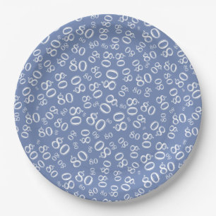 80th Party Random Number Pattern Blue/White Paper Plate
