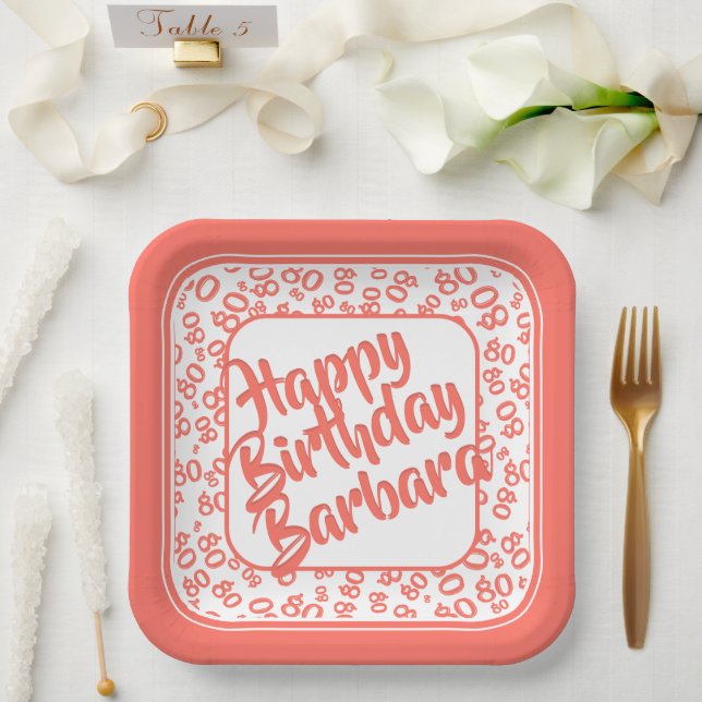 80th Party Random Number Pattern Coral/White Paper Plate (Wedding)
