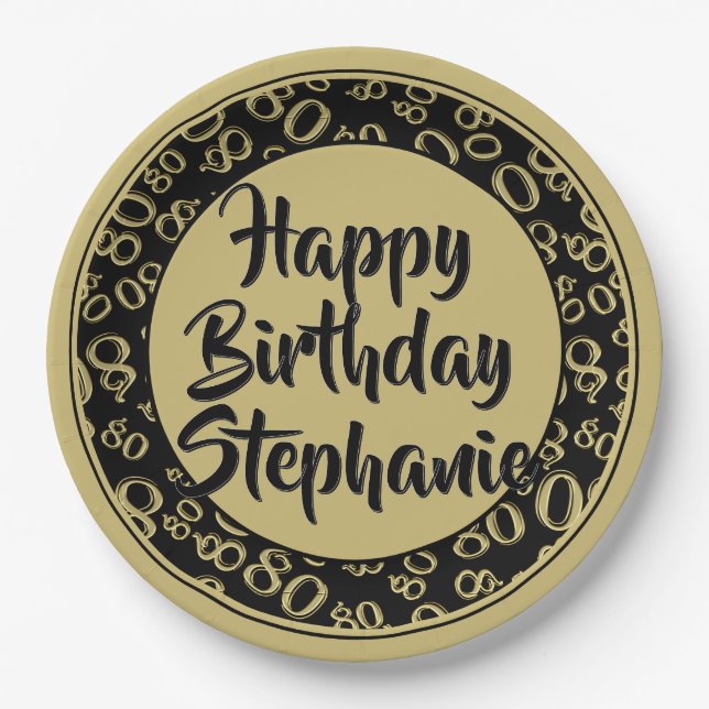 80th Party Random Number Pattern Gold/Black Paper Plate (Front)