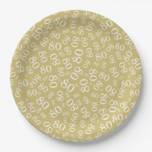 80th Party Random Number Pattern Gold/White Paper Plate