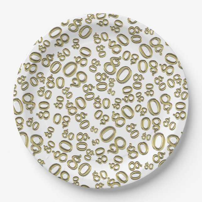 80th Party Random Number Pattern Gold/White Paper Plate (Front)