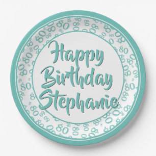 80th Party Random Number Pattern Teal/White Paper Plate
